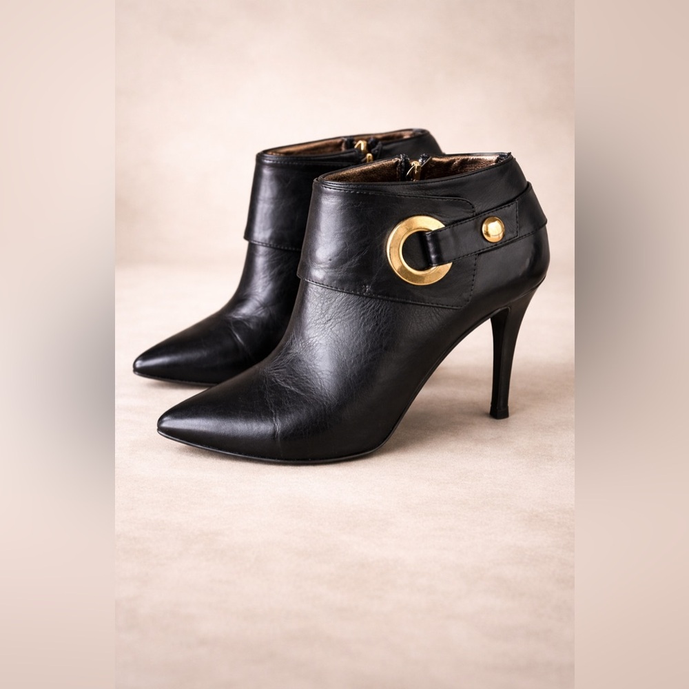 Escada Black Heeled Leather Boots Gold Buckle 38.5 / US 7.5